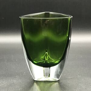Vintage Mid-Century Modern Kronos Art Crystal Green Glass Vase Made in Poland